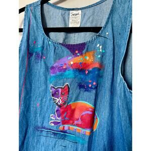 Hand Painted Vintage Denim Midi Dress - Artist Smock - Fits Women's Size 8-10